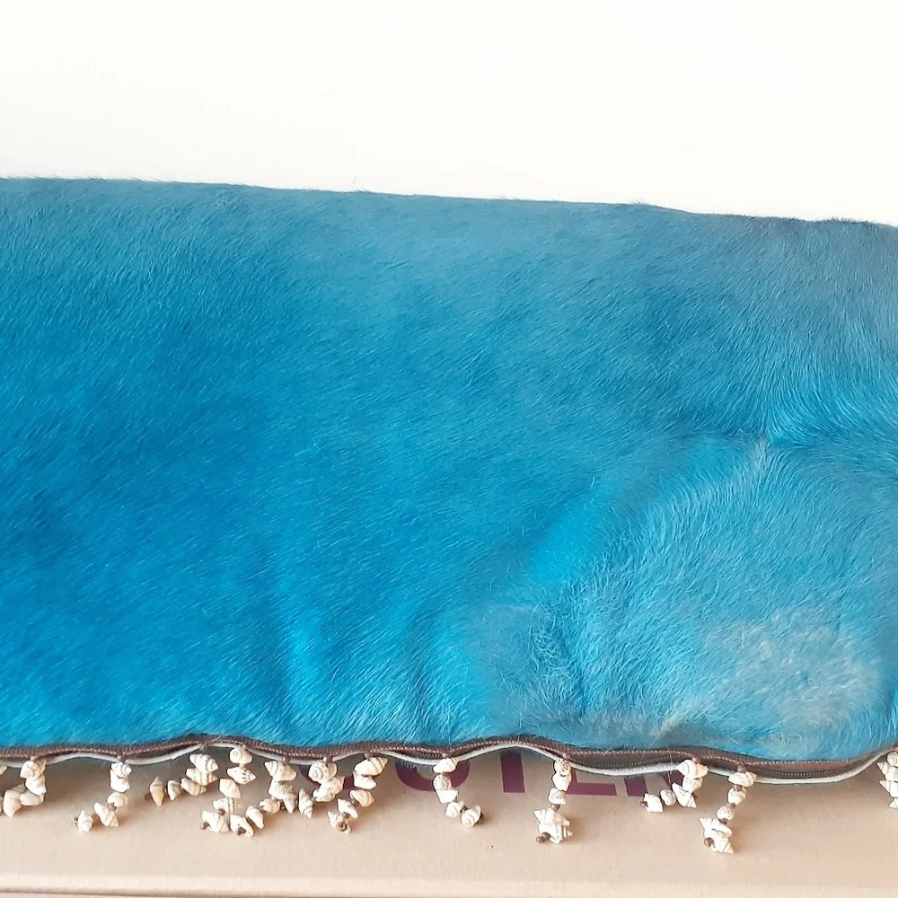 Oversize blue Calf fur throw pillow Decor Nautical Sea Shell trim Accent pillow